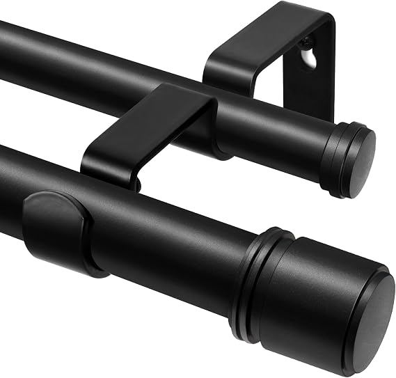 Double Curtain Pole Black 90-182 cm, HOTOZON 25mm Extendable Curtain Poles for Eyelet Curtains, Wall Mounted Window Curtain Rod with Cap Finials for Windows