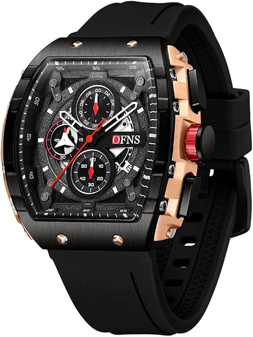 MASTOP Fashion Hollowed Men Watches Tonneau Transparent Silicone Strap Skull Big Face 50M Waterproof Chronograph Calendar Analog Display Quartz Male Wrist Watch