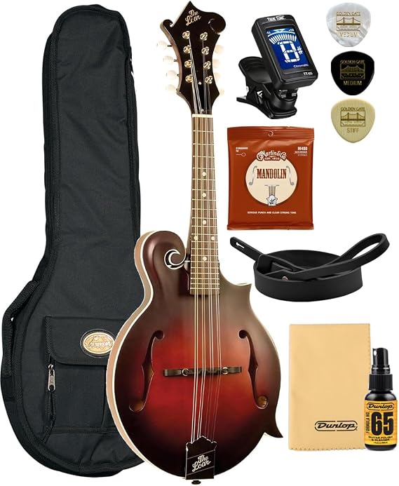 The Loar LM-310F-BRB Honey Creek F-Style Carved Solid Spruce Top Mandolin with Instrument Alley Deluxe Strap, Strings, Tuner, Picks, Polish Cloth Bundle F-Model Bluegrass