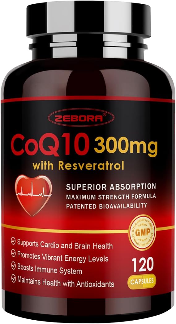 ZEBORA CoQ10 300mg, Trans-Resveratrol, PQQ & Vitamin E, 120 Veggie Capsules | With Trans-Resveratrol and BioPerine, High Absorption Coenzyme Q10, Powerful Antioxidant for Heart and Energy Production
