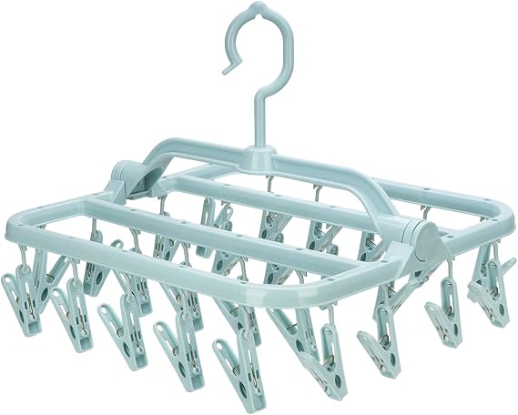 Foldable Clip Hangers with 26 Drying Clips, Underwear Hanger with Clips, Plastic Laundry Clip and Drip Drying Hanger for Socks, Bras, Lingerie, Clothes, Sturdy, Blue