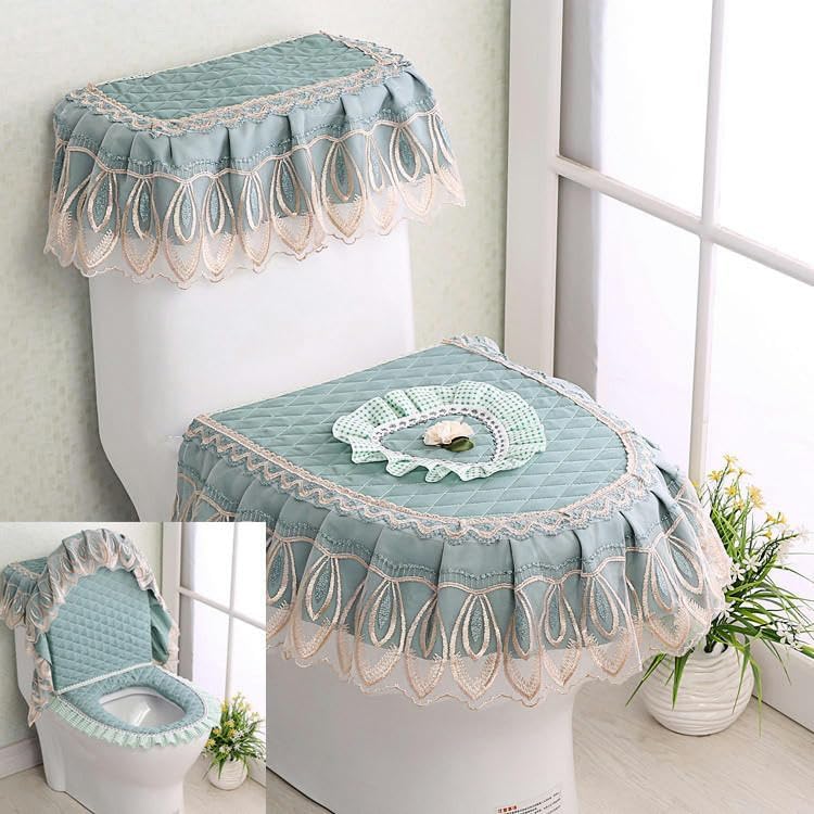 Toilet seat Covers Lace Embroidery Toilet Lid Covers, Lace Fabric Toilet Seat Cushion, Three Piece Set, Zipper Style Toilet Cover, U-Shaped Bathroom Toilet Seat Ring, Toilet Seat CushionBlue