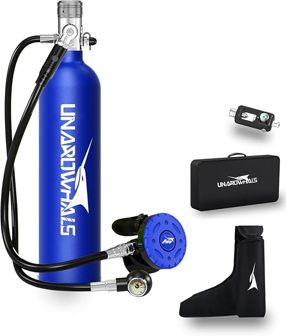 Scuba Tank with Extended Pressure Gauge, DOT/CE-EN250 Certification Lung Tank, 1L Diving Tank, 15-20 Minutes Underwater Exploration with Portable Mini Scuba Tank, 3000 Psi Max Pressure