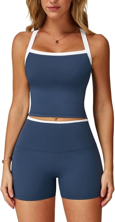 QBGJTD Two Piece Workout Sets For Women Tank Top Matching High Waist Booty Lifting Shorts Gym Yoga Active Wear Outfits