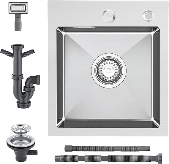 Topmount Stainless Steel Kitchen Sink 35 X 40cm -Single Bowl Outdoor Campervan Prep Drop-in Sink with Waste and Overflow, Small 1 Bowl Brushed