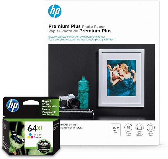 HP 64XL Tri-Color Inks + HP Premium Plus Photo Paper, Glossy, 25 Sheets, 8.5x11