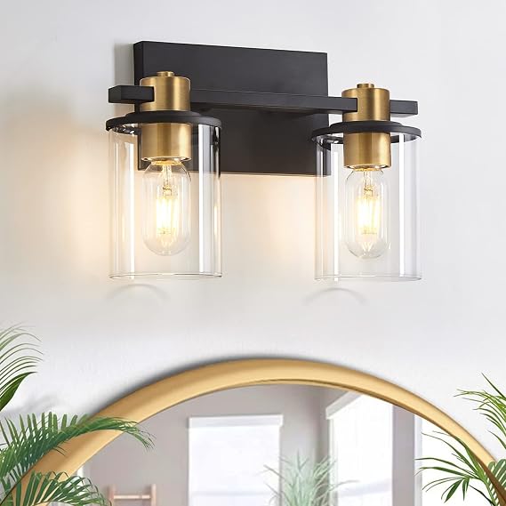 2 Light Bathroom Vanity Light, Black and Gold Bathroom Light Fixtures, Sconces Wall Lighting with Glass Shade, Modern Farmhouse Vanity Lighting fixtures for Bathroom, Bedroom, Hallway