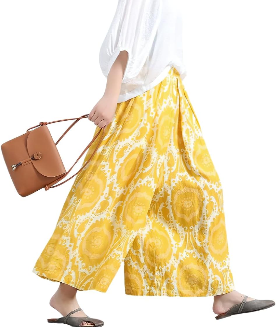 chouyatou Womens Loose Floral Printed Cotton Crop Pants Elastic Waist Wide Leg Palazzo Trousers