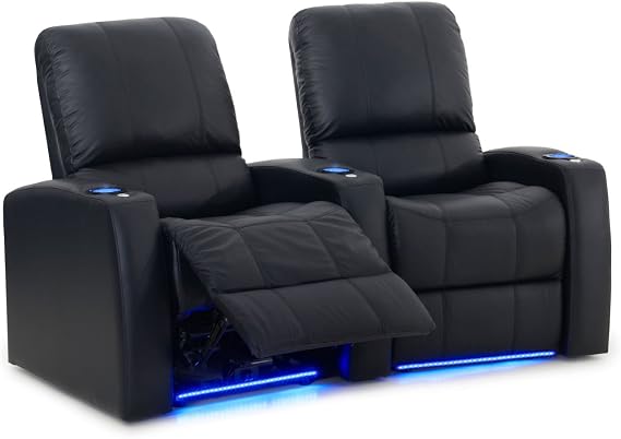 Octane Seating Blaze XL900 Stadium Chairs - Black Top-Grain Leather - Memory Foam - USB Charger - Accessory Dock - Power Recline - Curved Row of 2 Seats