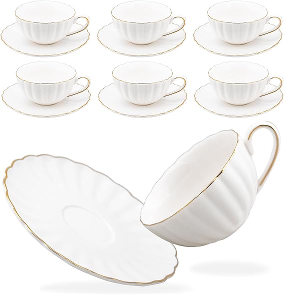 Porcelain Tea Cups and Saucers Set of 6, British Style Ceramic Tea Cup Coffee Mug Espresso Cup White Tea Cup Set for Women Home Kitchen Office Coffee Shop Tea Party, 200ml/7 OZ