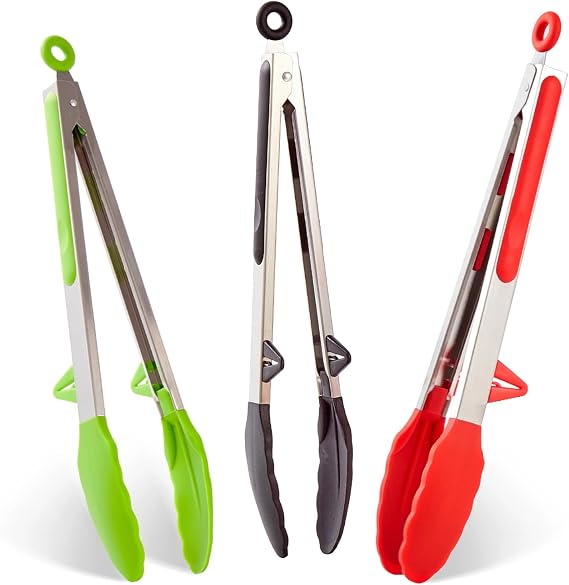 12" Kitchen Tongs for Cooking with Silicone Tips, Serving Tong for Salad | Black+Red+Green, 3 Pcs Small Silicone Tongs mit Kickstand, Food Grade, Stainless Steel