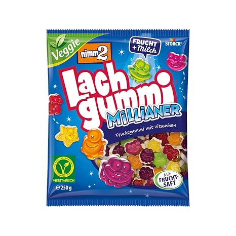nimm2 Laughing Gum Millian Vegetarian Fruit Gummies with Milk - 1 x 250 g Fruchtgummi in 6 Sorten mit Milchschaum Fruchtsaft & Vitaminen Süßigkeit zum Naschen & Teilen für die ganze Familie veggie