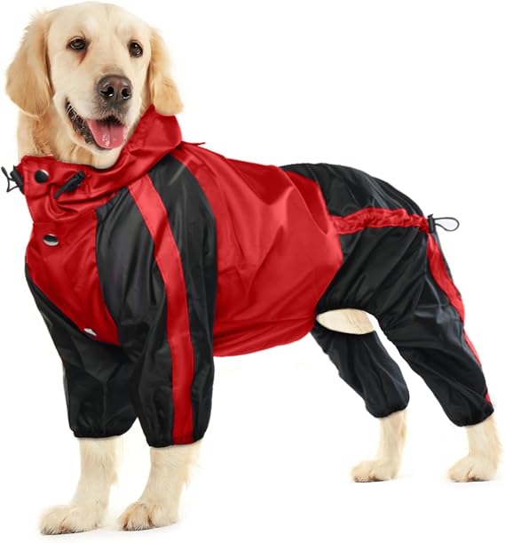 Dog Raincoat, Waterproof Rain Coats for Large Dogs, Lightweight Rain Jacket, Adjustable 4 Legs Pet Poncho with Hood, Snow-Proof Dog Vest Rainwear Clothes Apparel with Leash Hole