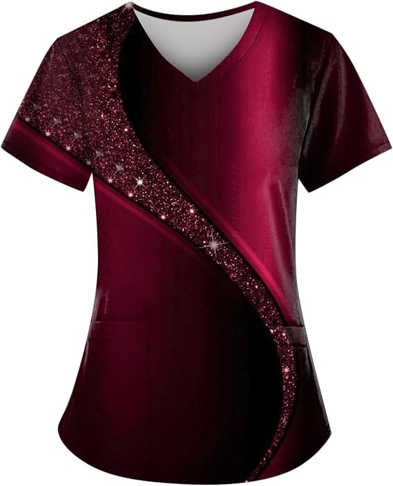 Scrubs for Women Printed Stretchy Scrub Tops Nurse Uniform Shirts V-Neck Short Sleeve Fun T-Shirt Tee with Pockets