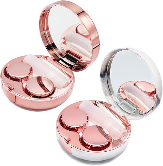 Vastsoon Pack of 2 Contact Lens Case, Portable Cute Eye Contacts Colored Lenses Remover Tool Kit with Mirror for Travel (Rose Gold,Marble+Bling)