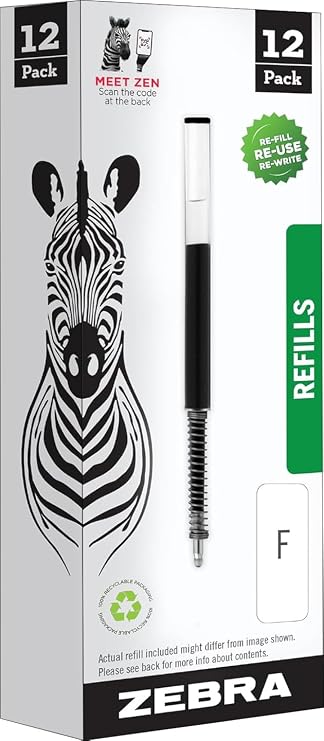 Zebra Pen Ballpoint F-Refills for F-301, F-301 Ultra & 301 A Pens, 0.7mm Fine Point, Black, Pack of 12