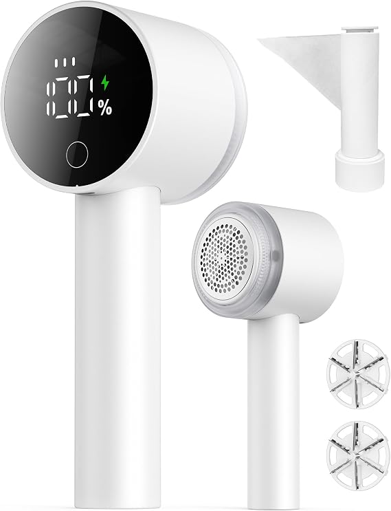 Fabric Shaver, 2 in 1 Rechargeable Sweater Shaver with Lint Roller, Magnetic Cap, Digital Display, 2 Extra Blades, Defuzzer for Clothing Furniture Couch