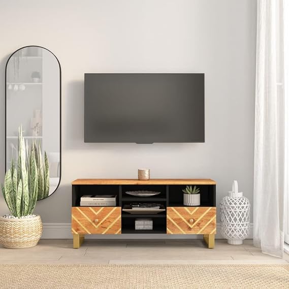 ZEYUAN TV Cabinet Brown and Black 100x33.5x46 cm Solid Wood Mango,Tv Stand Cabinet,Tv Units For Living Room,Electric Fireplace Tv Stand