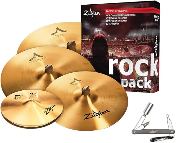 Avedis Zildjian Company Zildjian A Rock Pack Cymbals 14'' Mastersound Hi Hats, 17'' 19'' Crash & 20'' Ride With ZKEY, (A0801R) | Matched set for loud stages, bright cutting tone, drum key included, complete pro setup for gigging drummers, 14 inch size