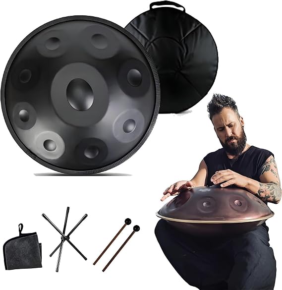 Hand Drum - Hand Pan Percussion Instruments 22 Inch, 440 Hz In D Minor 9/10/12 Notes Steel Adult's Handpan With Storage Bag, Mallet, Braid, Stand For Children, Adults(A,9 notes)
