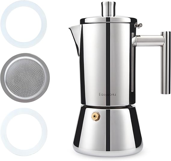 Easyworkz Diego Stovetop Espresso Maker 6Cup10 oz Moka Pot Bundled with Silicone Gasket Seals and Filter Screen Replacement