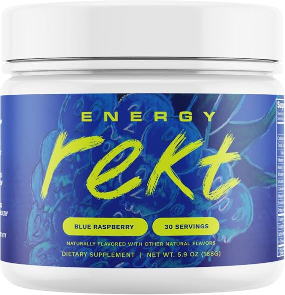 Rekt Energy + Focus Powder, Blue Raspberry - Clean Energy, Zero Sugar, Zero Calories, 200mg Natural Caffeine, Nootropics, L-Theanine, Energy Drink Mix (30 Servings)