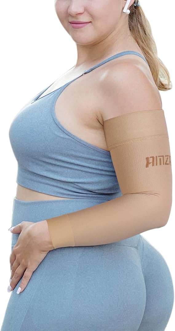 AMZAM Medical Compression Arm Sleeve for Women & Men Single | 15-20 mmHg Graduated Compression with Silicone Band for Lymphedema Swelling Pain Relief Edema Arthritis Beige S