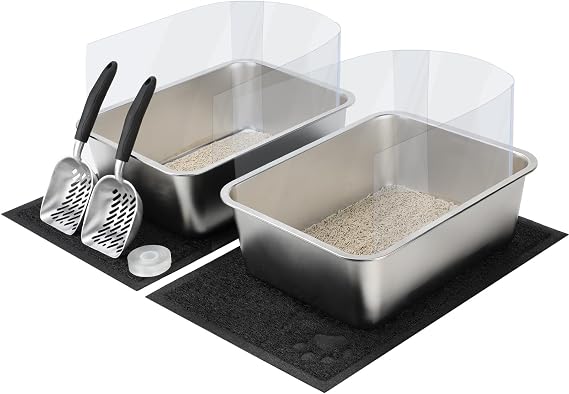Rypet 2 Set Large Stainless Steel Cat Litter Boxes with Splash Guard Kit