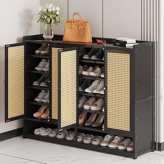Shoe Organizer for Entryway, Bamboo Rattan Cabinet with Doors, Sideboard Storage Cabinet with Crafted Front, Adjustable Shelves Rustic Oak,Open Bottom,For Hallway, Modern Home