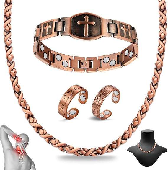 Copper Bracelet for Men Ultra Strength Magnets Copper Necklace & Ring Set with Adjustable Sizing Tool