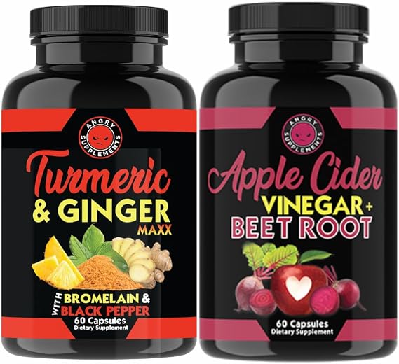 Angry Supplements Turmeric Ginger Maxx + Apple Cider Vinegar with Beet Root 2-Pack Wellness Bundle Supports Energy, Digestion, and Daily Vitality Natural Herbal Capsules for Men & Women