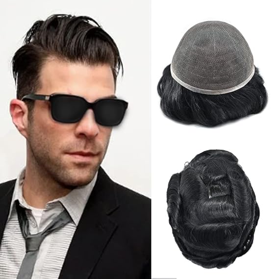 Toupee for Men Hair System Replacement Full French Lace Mens Toupee Swiss Lace Thin Skin Human Hairpiece Natural Hairline Male Prosthesis Hair Unit Wig for Men 6"X8" #1 Jet Black-80% Light Density