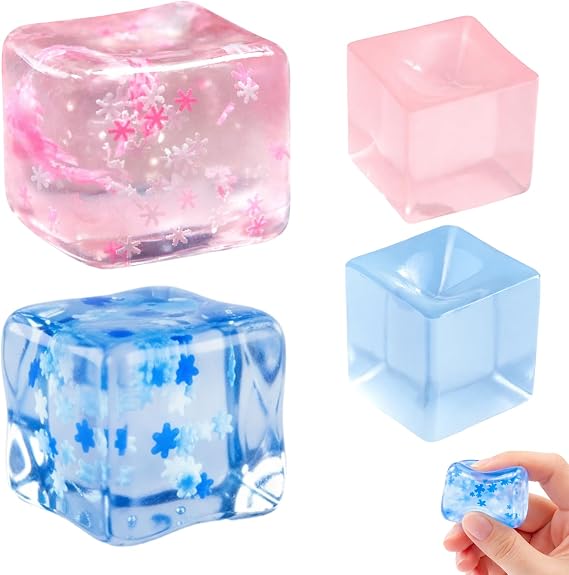 4Pcs Squishy Cubes with Size Options, Ice Cube Squishy in Pink and Blue Colors, Functional Squishy Cube and Stress Cube Set for Daily Mindfulness