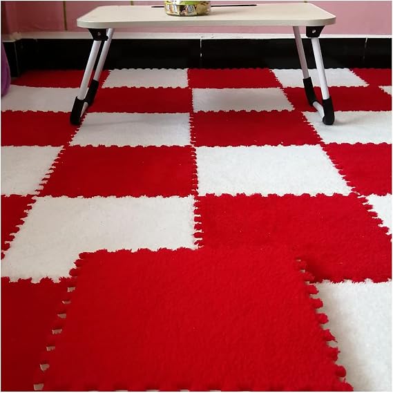 12 Pcs Interlocking Carpet Tiles, Plush Foam Square Floor Mats Set, Puzzle Floor Mat For Living Room, Bedroom And Hard Floor, 12 Tiles/12 Sq.Ft(Color:Red+White)