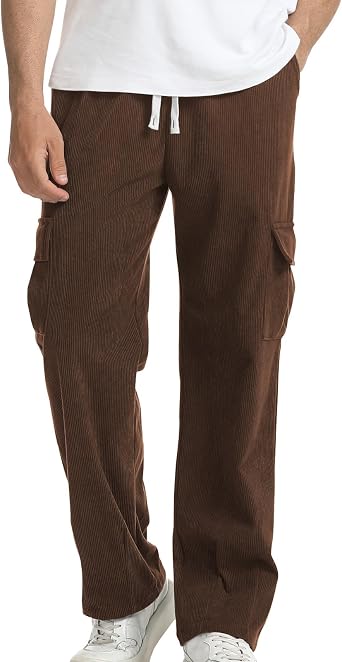 Suwangi Men's Baggy Cargo Corduroy Pants Casual Drawstring Elastic Waist Straight Leg Vintage Sweatpants for Men with Pockets