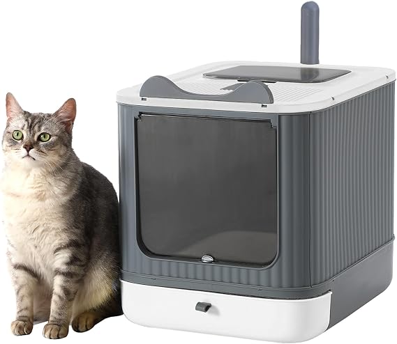 Foldable Cat Litter Box, Fully Enclosed Litter Box with Lid, Covered Kitty Kitten Litter Boxes Enclosure with Scoop, Odor Control, Easy to Clean, 3 Modes for Cat Up to 12 lbs(White&Grey)