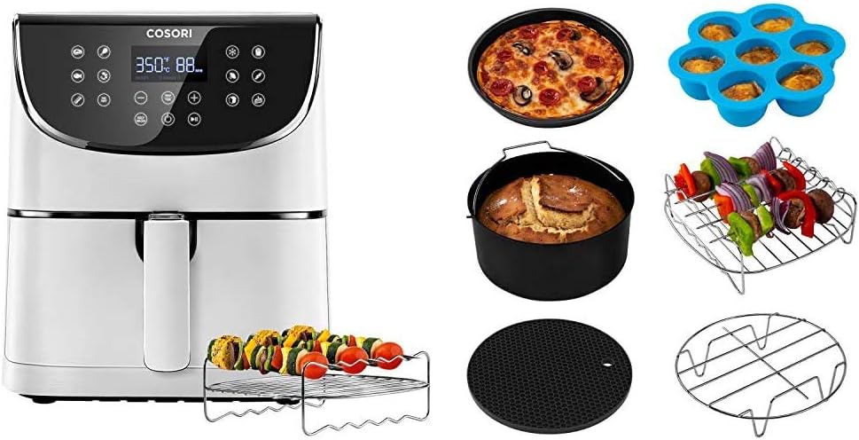 COSORI Air Fryer100 Recipes, Rack & 5 Skewers,5.8QT Electric Hot Air Fryers Oven Oilless Cooker,11 Presets, 1700W,White & Air Fryer Accessories XL C158-6AC, Set of 6 Fit all 5.8Qt, 6Qt Air Fryer