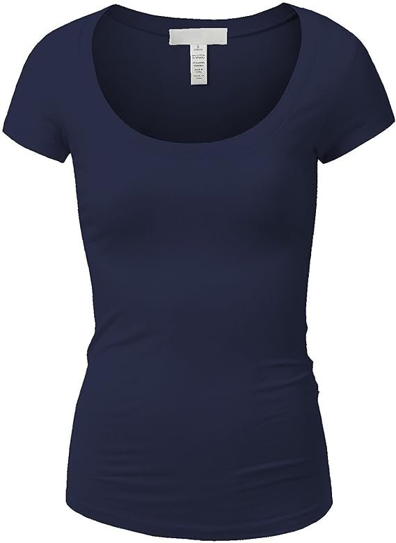 Active Basic Womens Plain Basic Deep Scoop Neck with Cap Short Sleeves, Navy, Large