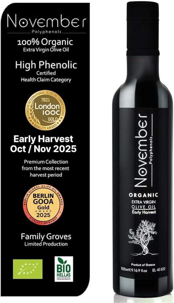 November Polyphenols Olive Oil Extra Virgin - Organic High Phenolic EVOO – Early Harvest – Lab Certified +1200mg/kg High Polyphenol – Cold Pressed Extra Virgin – Greek – 500ml Bottle