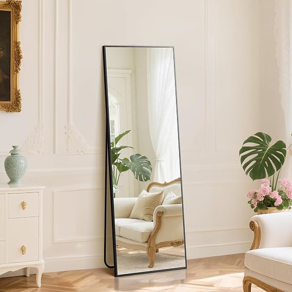 DUMOS Full Length Mirror with Stand Floor Standing Aluminum Frame for Bedroom Body Hanging Leaning Modern Simple Home Decor Shatter-Proorf Nano Glass Wall Living Room Cloakroom Natural Black 59"x16"