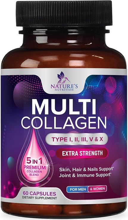 Multi Collagen Pills - Hydrolyzed Collagen Peptides Capsules for Women & Men - Types I, II, III, V, X Multi Collagen Complex - Hair, Skin & Nails Support Supplement - Bottled in the USA - 60 Capsules