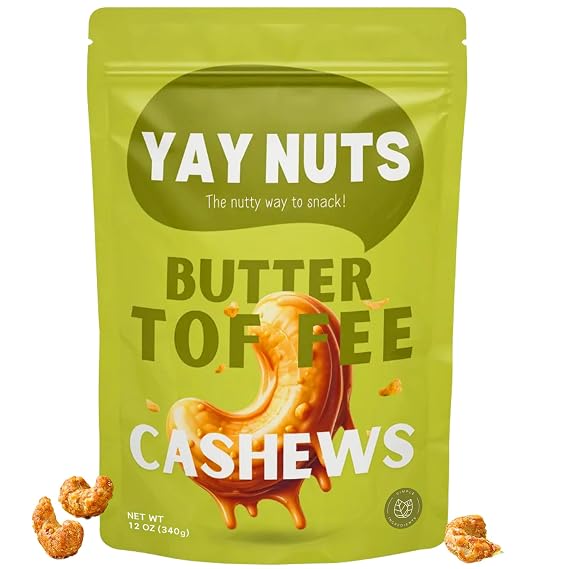 YAY NUTS Butter Toffee Cashews, 12 OZ | All-Natural Sweet & Salty Snack, Crunchy Roasted Cashews Coated in Rich Caramelized Butter Toffee, Made in USA
