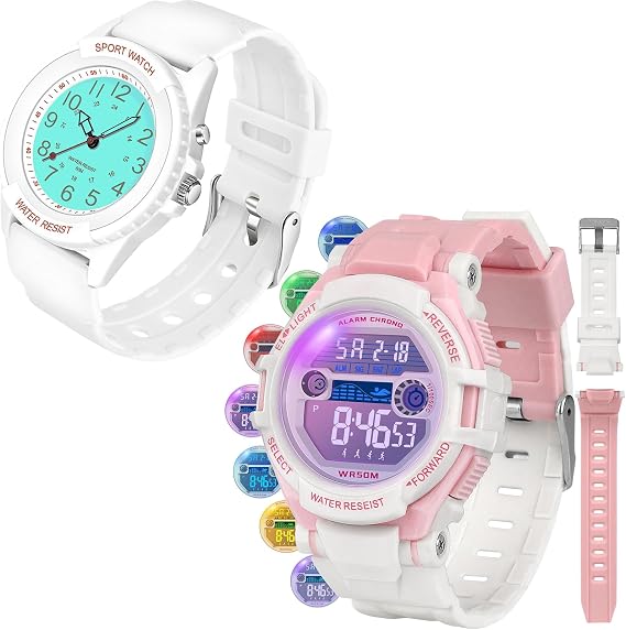 PROKING Kids Analog and Digital Watches for Boys Teen Girls, 7 Color Lights Waterproof Sports Watch for Kids with Stopwatch Alarm and Nurse Watch with Light