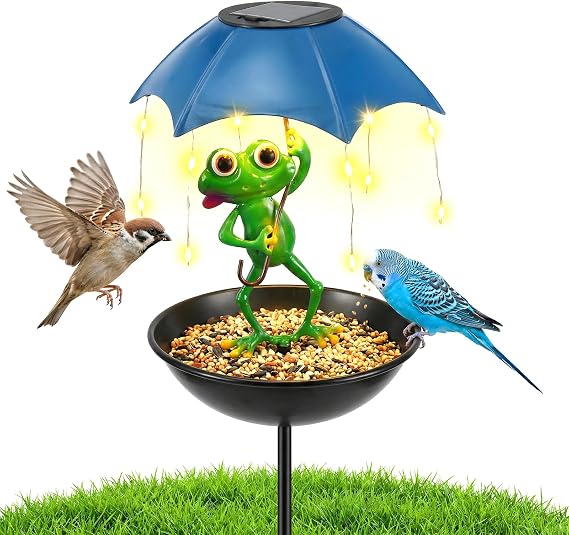 Solar Bird Feeder Frog Garden Ornaments 86cm Detachable Bird Baths Feeder Bowl with Umbrella Wild Birds Hummingbird Feeders Decorative Path Lights Garden Gifts for Outdoor Patio Yard Lawn