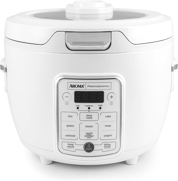 AROMA Professional Digital Rice Cooker, 10-Cup (Uncooked) / 20-Cup (Cooked), Slow Cooker, Multicooker, Steamer, Oatmeal Cooker, Auto Keep Warm, Saute-then-Simmer, 4 Qt, White, ARC-1230W