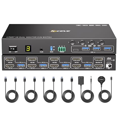 4 Port HDMI KVM Switch 2 Monitors 4 Computers 4K@60Hz EDID Simulation,Dual Monitor KVM Switch with 4 USB 3.0 Ports for USB Peripherals,Audio,RS232,with Wired Remote,12V Power and 4 USB Cables