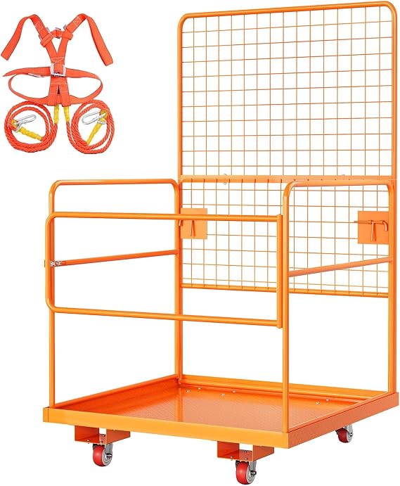 43"X45" Forklift Safety Cage,Heavy-Duty Forklift Work Platform,Man Basket for Forklifts,1800Lbs Capacity with Safety Harness,Wheels & Lock,2-Man Collapsible Lift Basket for Lifting Loader