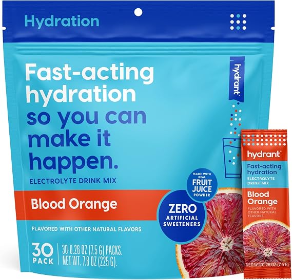 Hydrant - Hydration Powder, Blood Orange Flavor, 30 Individual Instant Electrolyte Rehydration Packets - Low Sugar Drink Mix for Daily Use, Travel & Workouts
