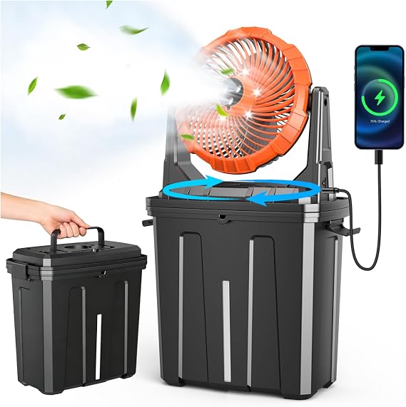 Ausic 2026 Upgraded 10 9L Oscillating Portable Misting Fan With Light, [Max 55Hrs] Golf Cart Mister Fan for Outside Patios, Outdoor Rechargeable Battery Operated Water Cool Fan-3 Spray Misters