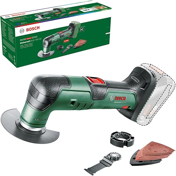 Bosch UniversalMulti 18V-32 akülü çok amaçlı alet 1 x testere bıçağı ile birlikte gelir; 1 x kesme bıçağı; 1 x zımpara plakası; 6 x zımpara kağıdı; 1 x derinlik durdurucu; pilsiz)